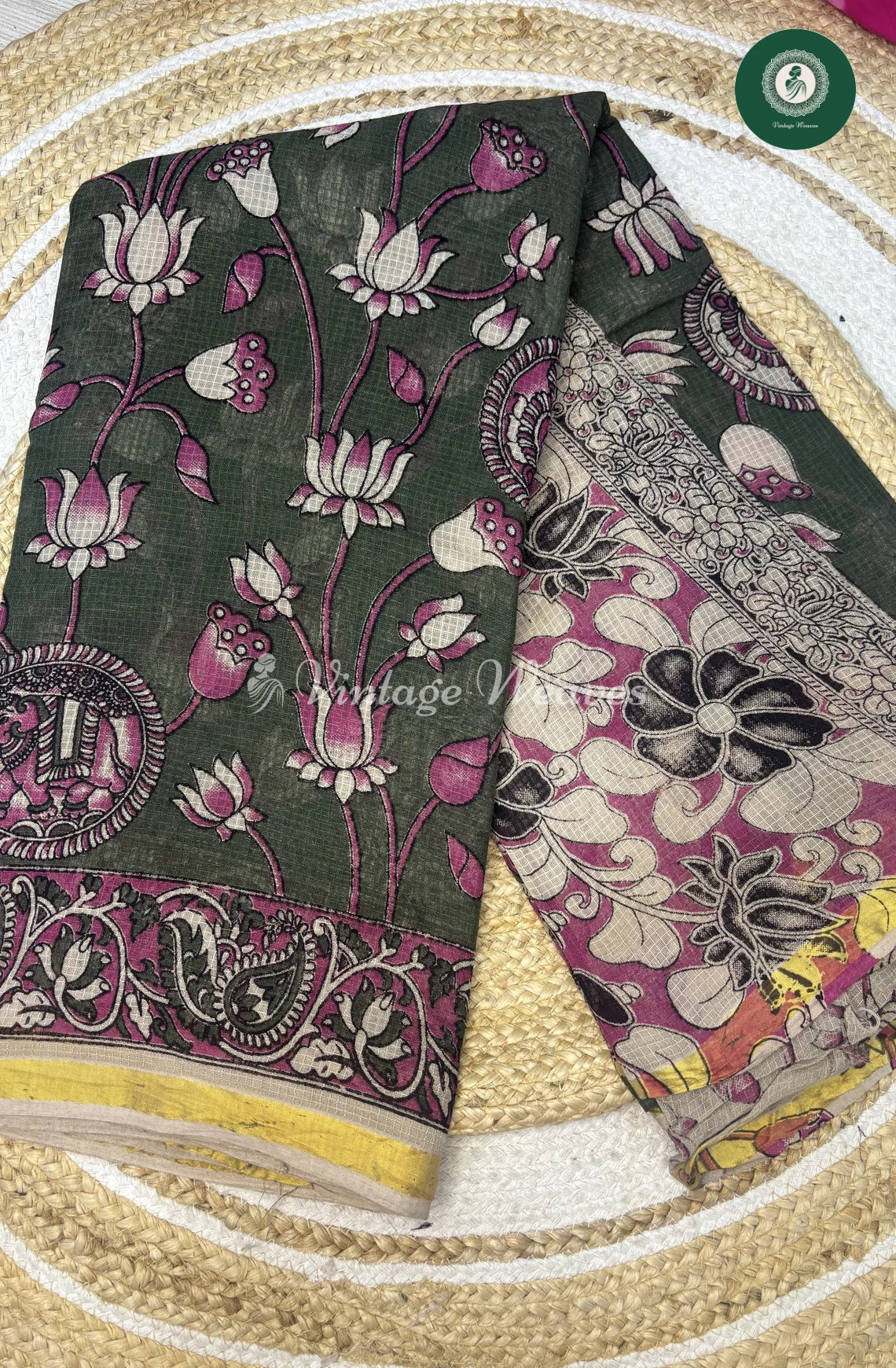 Premium Traditional Kalamkari Kota Lotus-Green