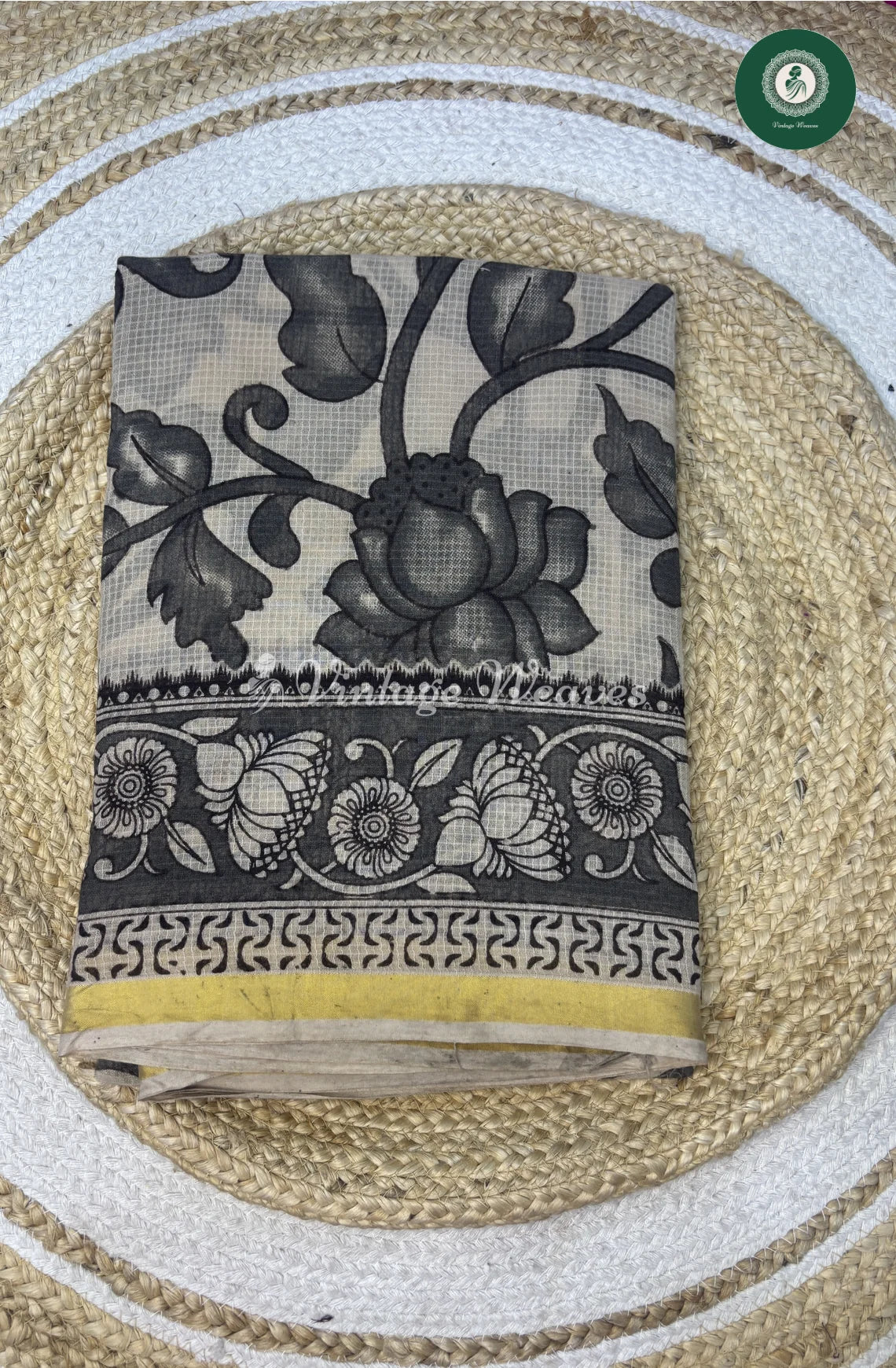 Premium Traditional Kalamkari Kota Lotus-IvoryWithGrey