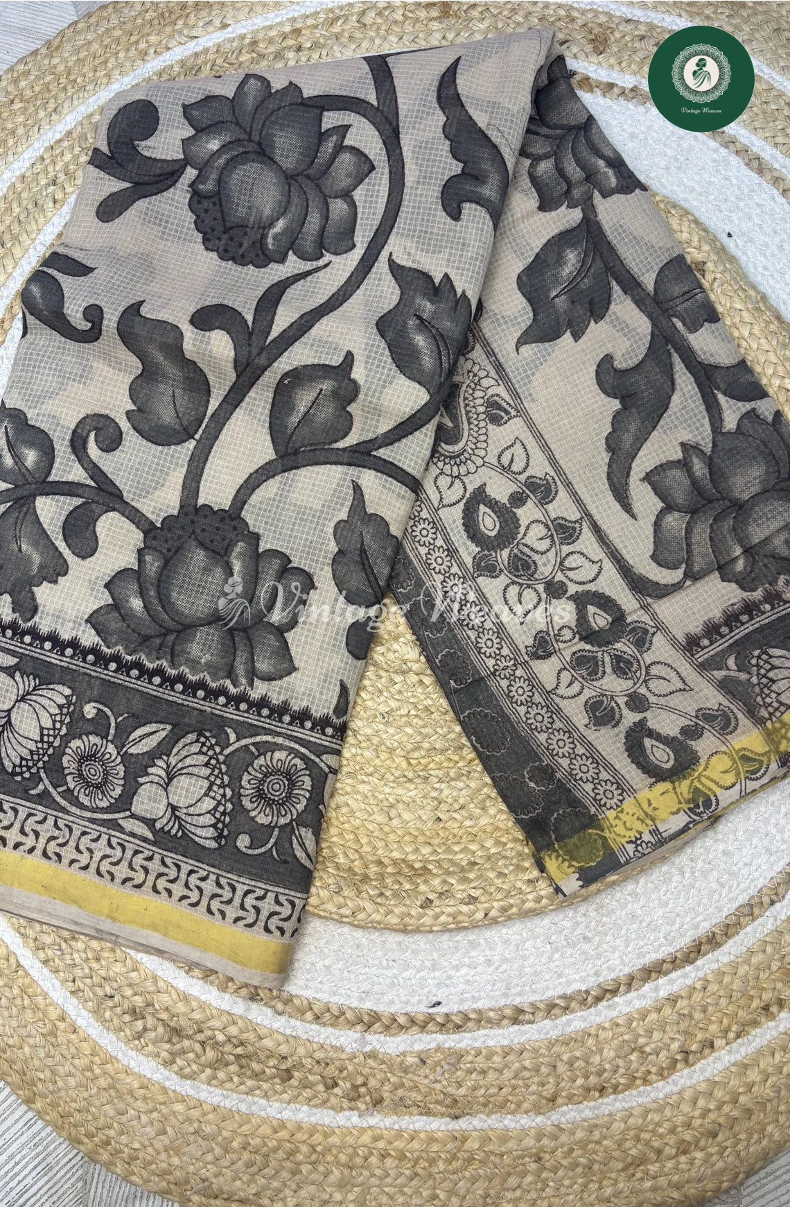 Premium Traditional Kalamkari Kota Lotus-IvoryWithGrey