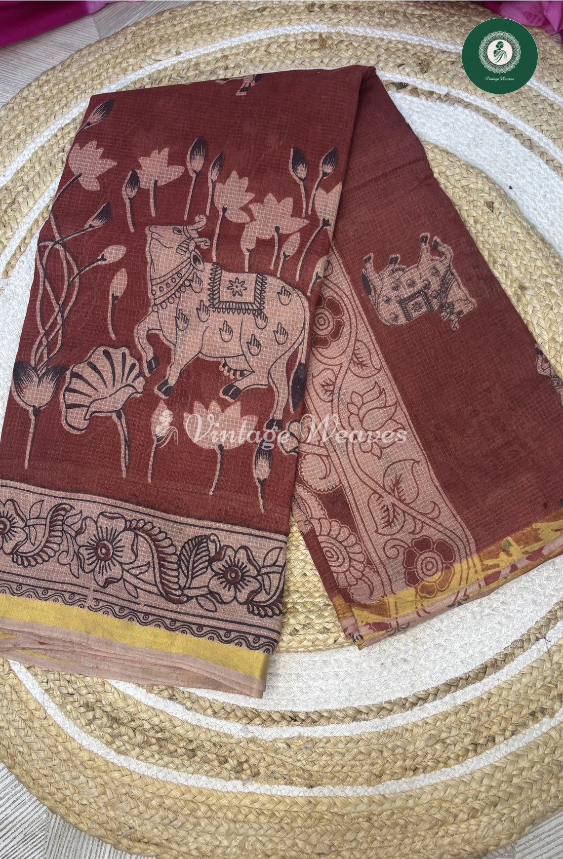 Premium Traditional Kalamkari Kota SareeCowPrint-Marron