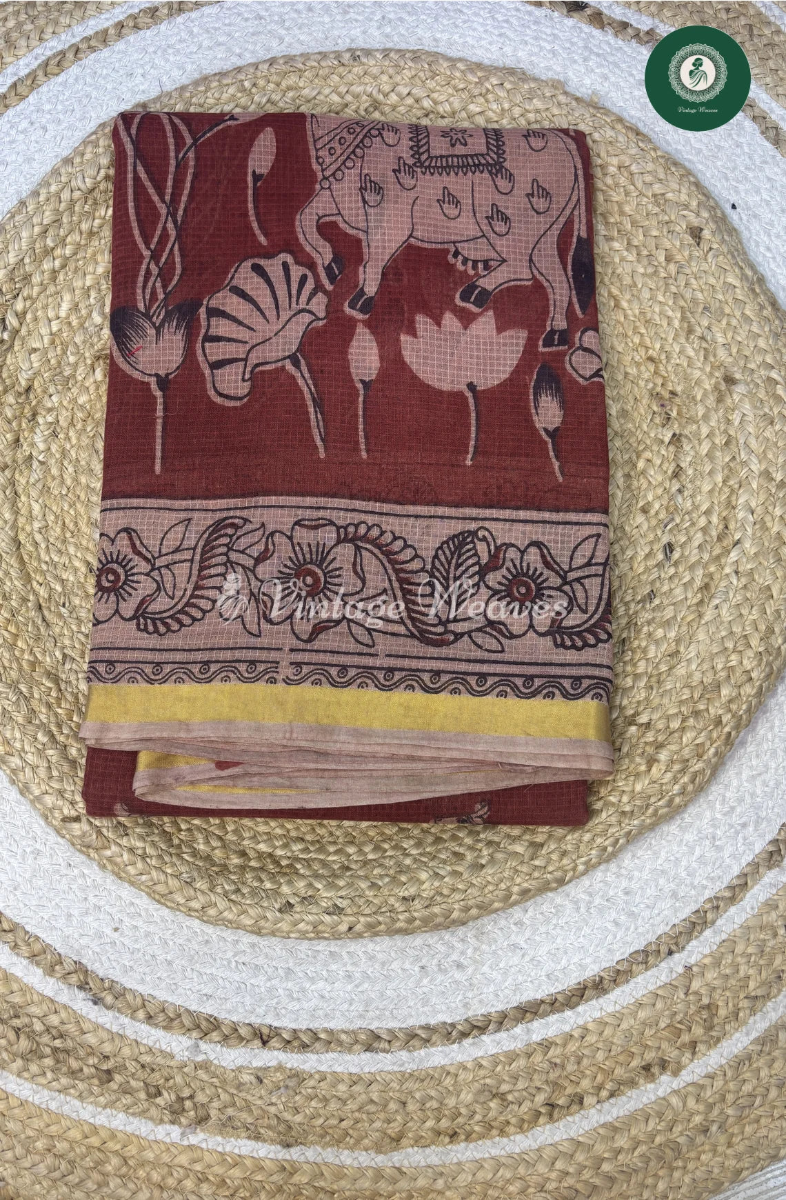 Premium Traditional Kalamkari Kota SareeCowPrint-Marron