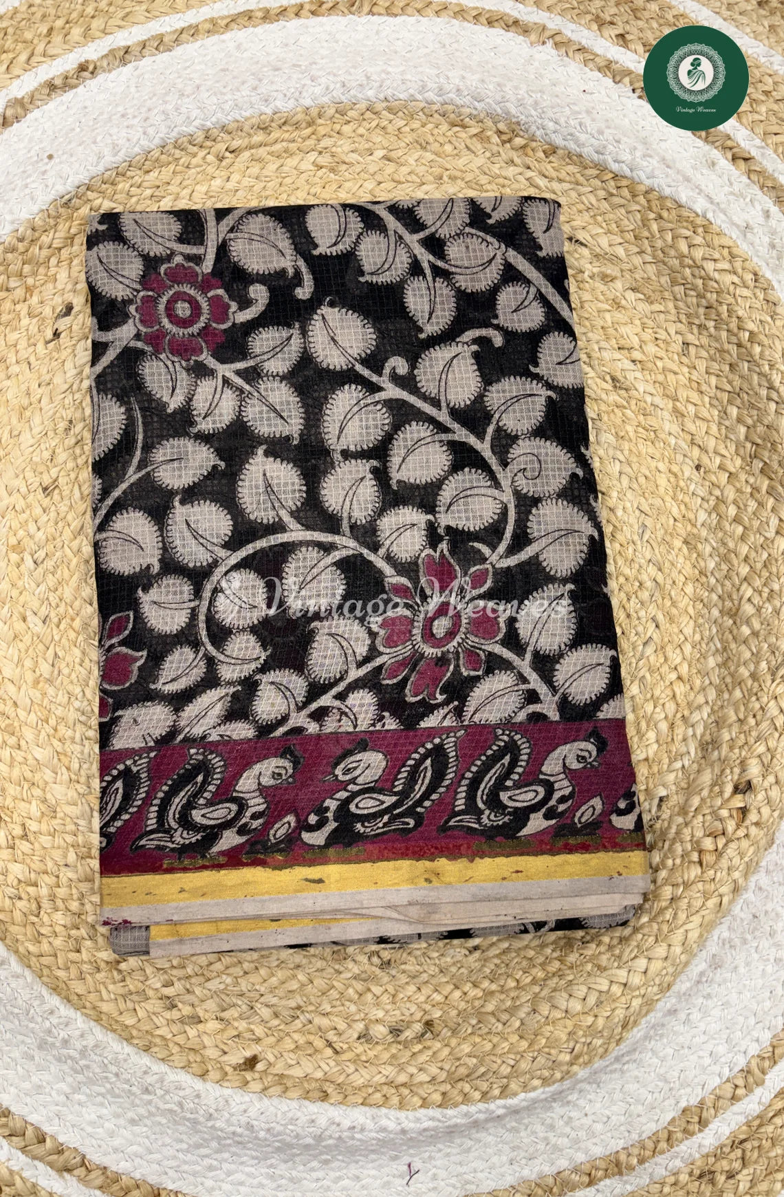 Premium Traditional Kalamkari Kota Saree Flower-Black