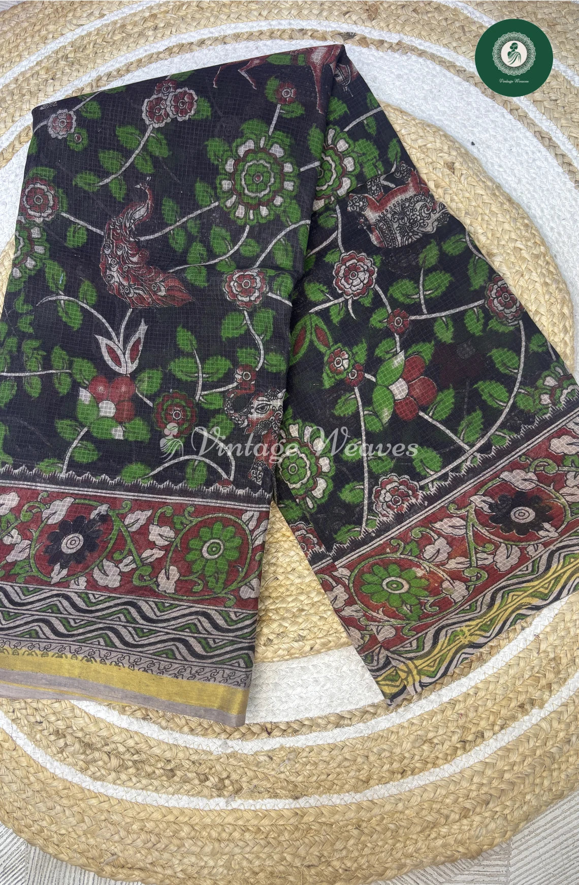 Premium Traditional Kalamkari Kota Saree Flower-Black
