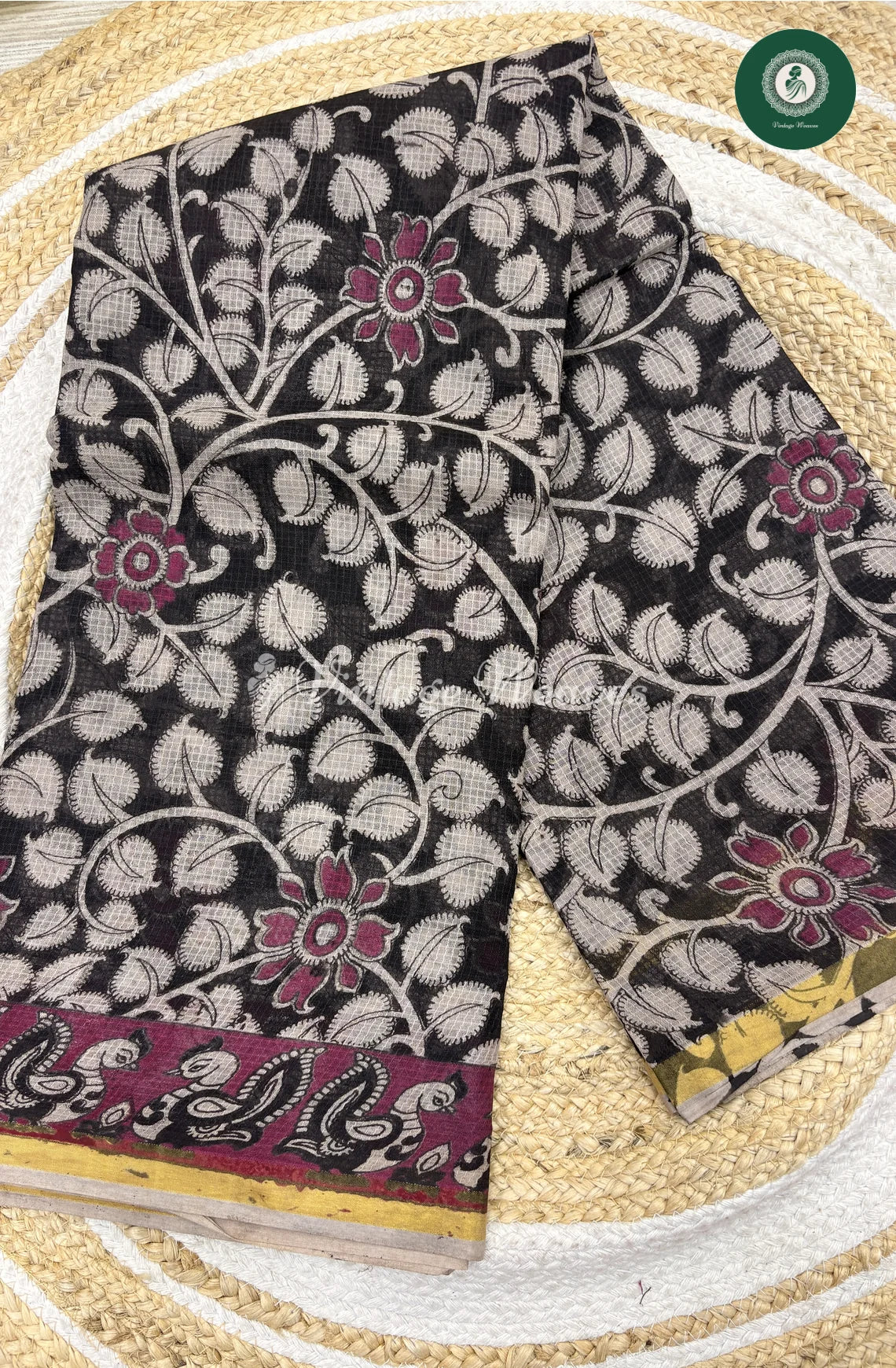 Premium Traditional Kalamkari Kota Saree Flower-Black