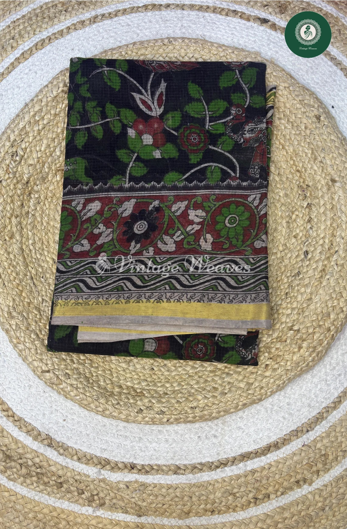 Premium Traditional Kalamkari Kota Saree Flower-Black