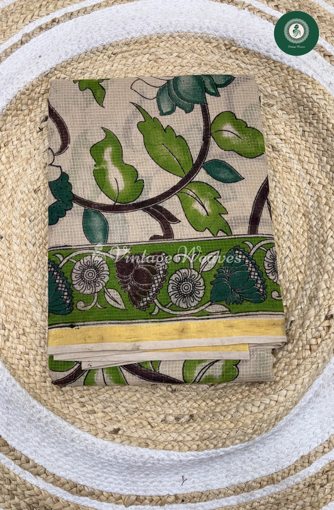 Premium Traditional Kalamkari Kota Saree Leaf-Green1