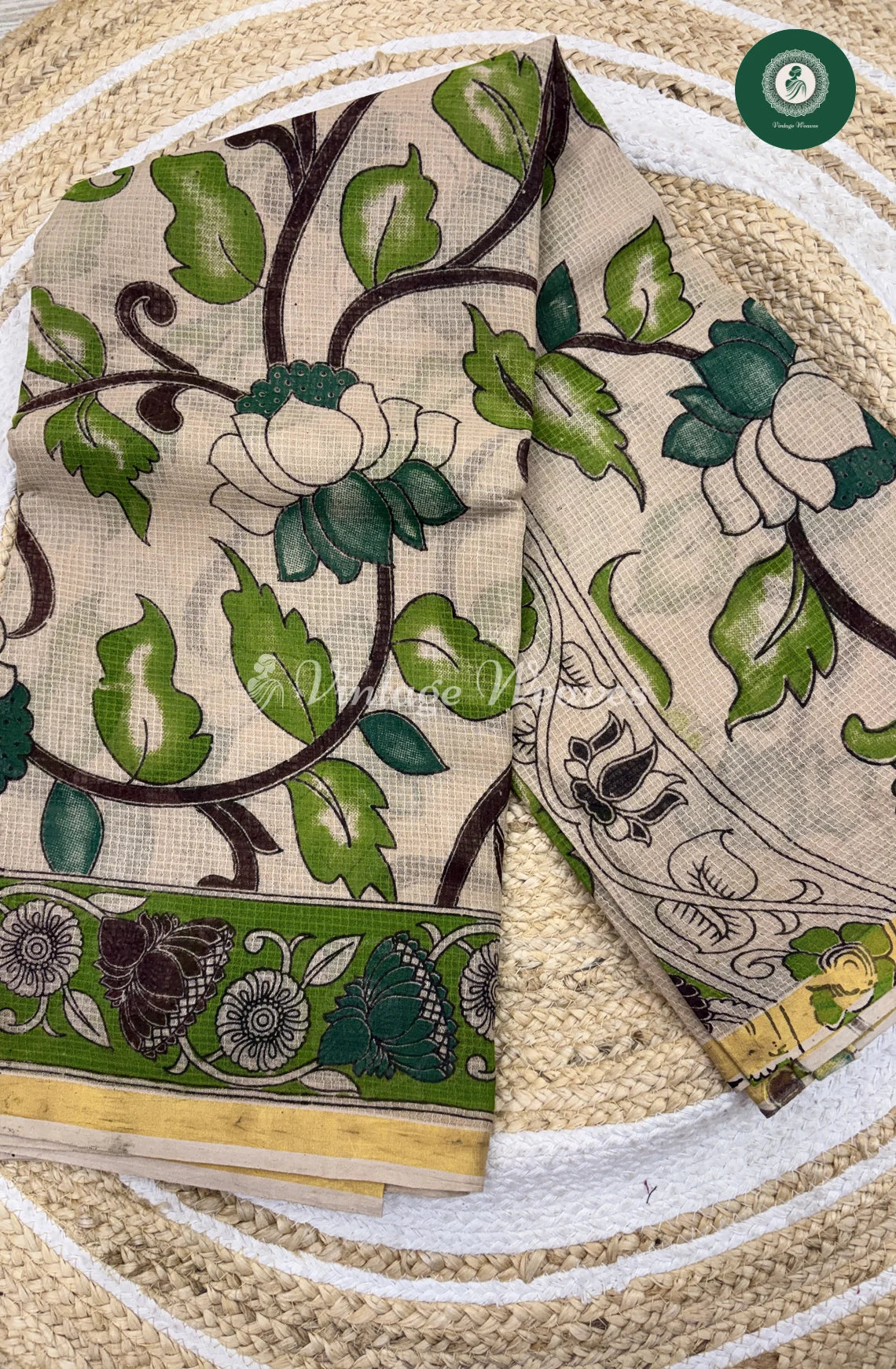 Premium Traditional Kalamkari Kota Saree Leaf-Green1
