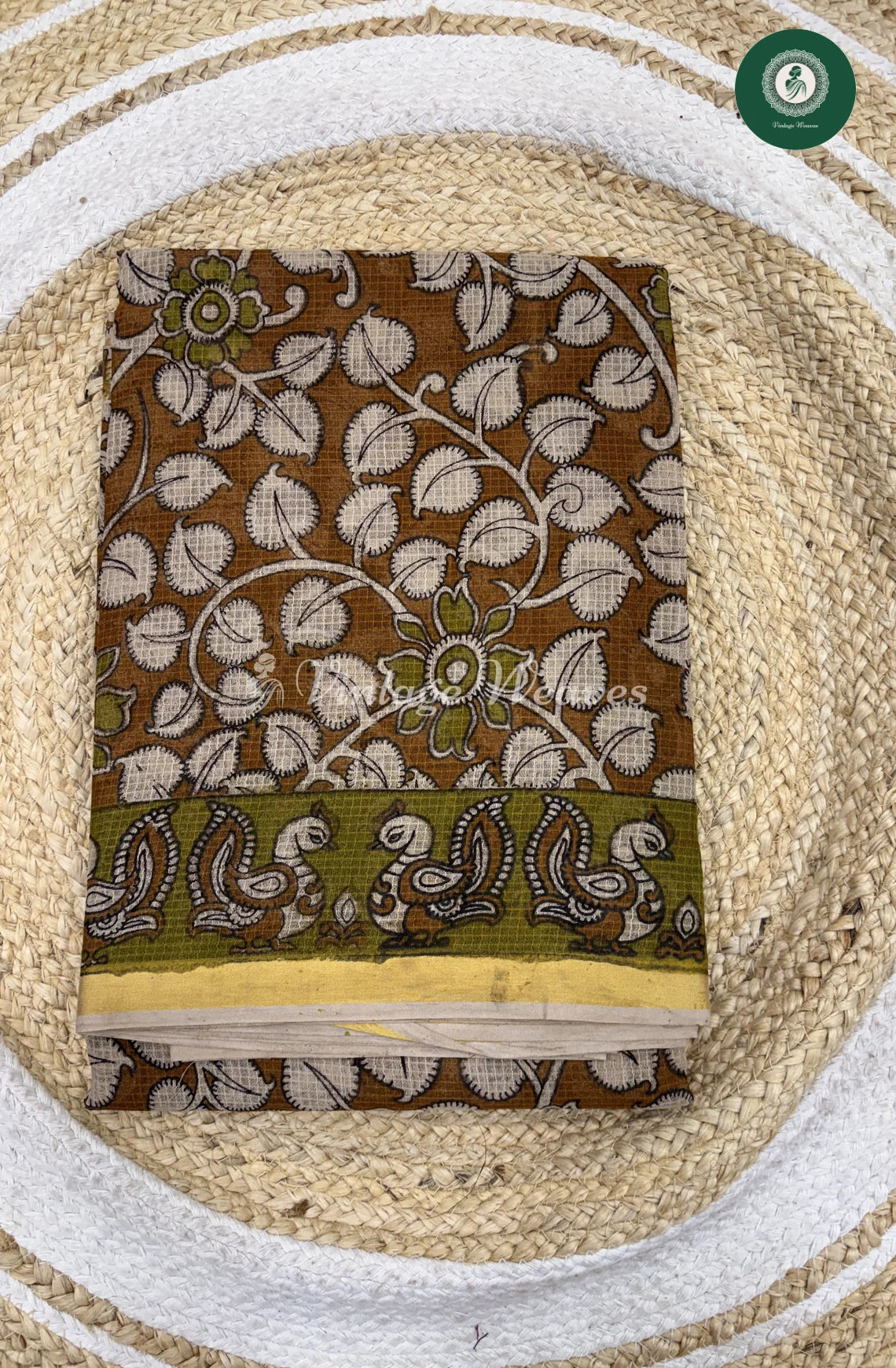 Premium Traditional Kalamkari Kota Saree Leaf-Mustard