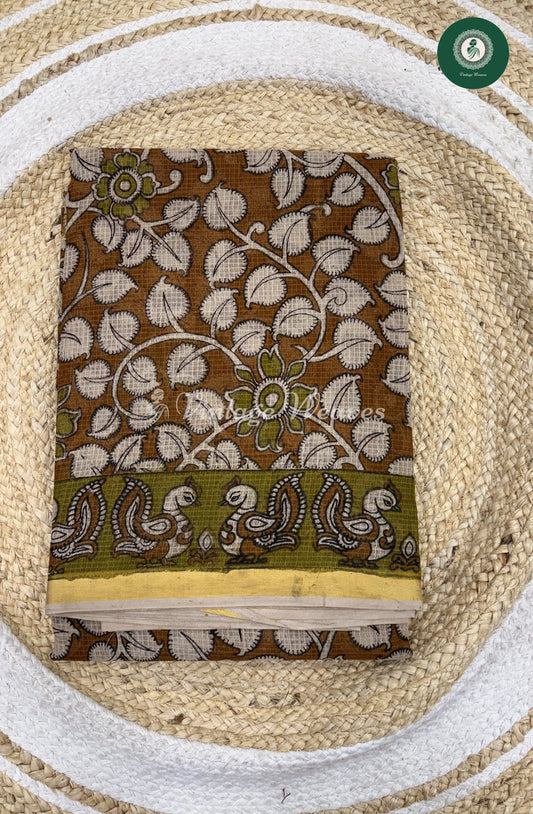 Premium Traditional Kalamkari Kota Saree Leaf-Mustard