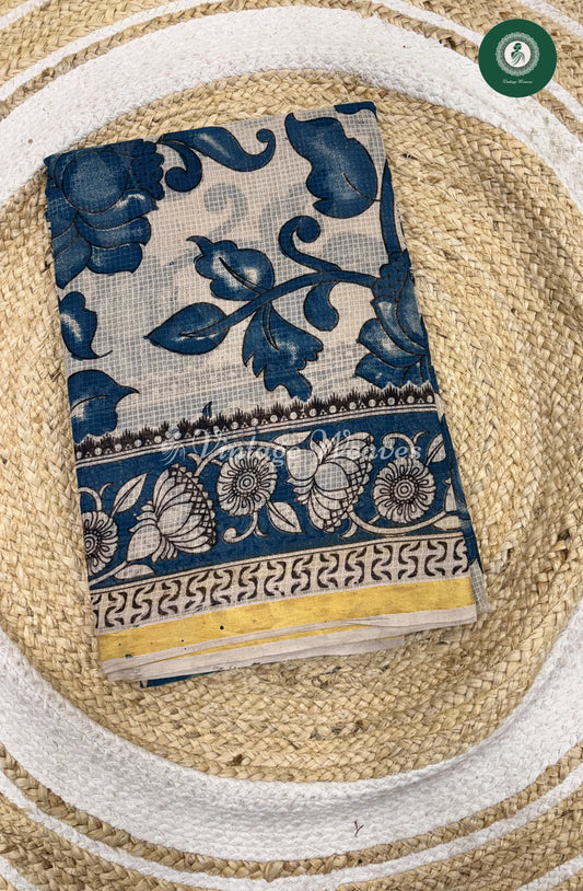 Premium Traditional Kalamkari Kota Saree Leaf-Skyblue