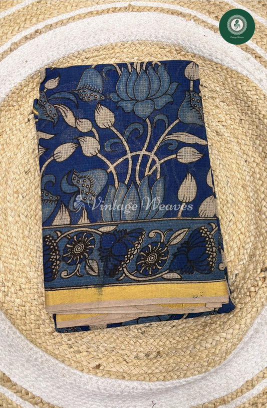 Premium Traditional Kalamkari Kota Saree Lotus-Blue