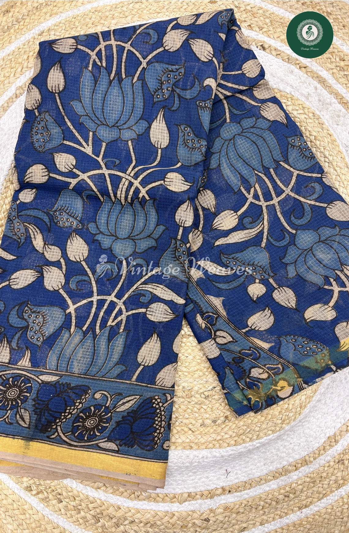 Premium Traditional Kalamkari Kota Saree Lotus-Blue