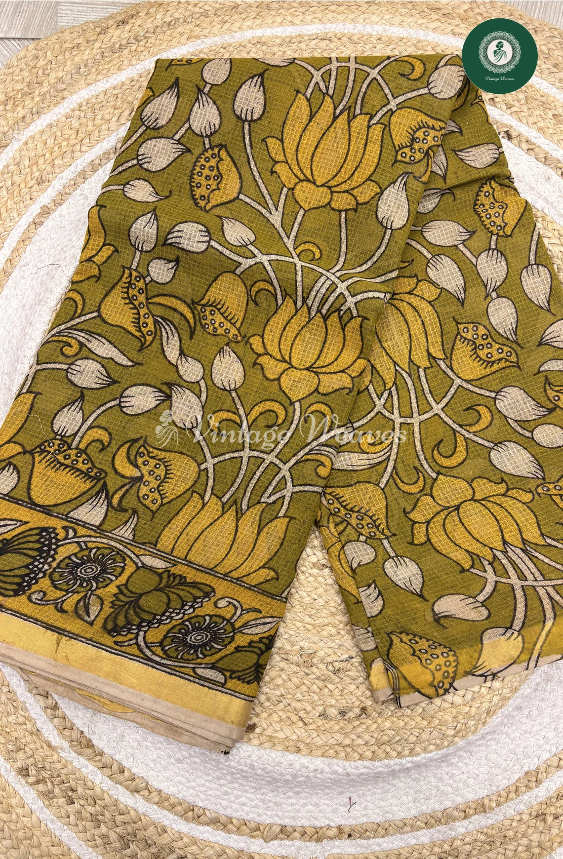 Premium Traditional Kalamkari Kota Saree Lotus-Green