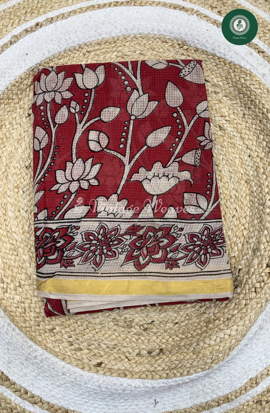 Premium Traditional Kalamkari Kota Saree Lotus-Marron