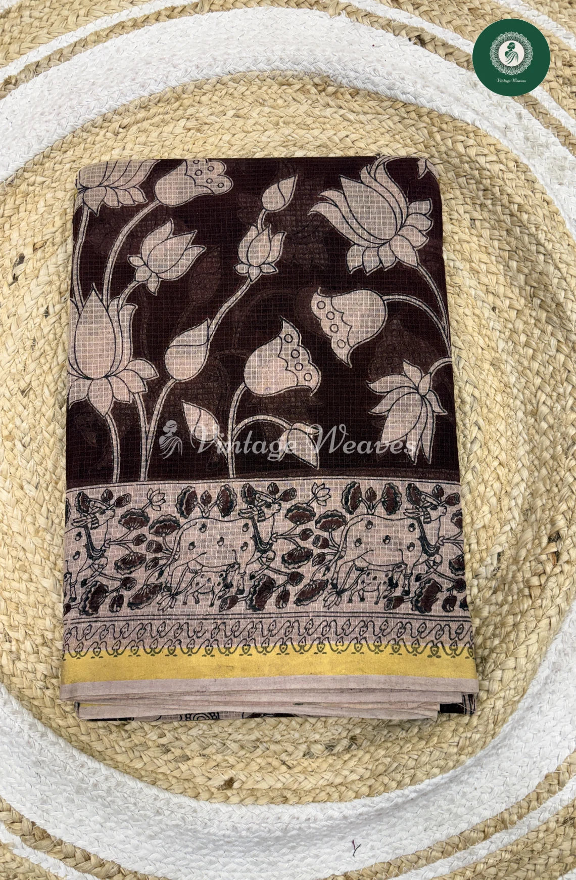 Premium Traditional Kalamkari Kota Saree Lotus-Marron_2