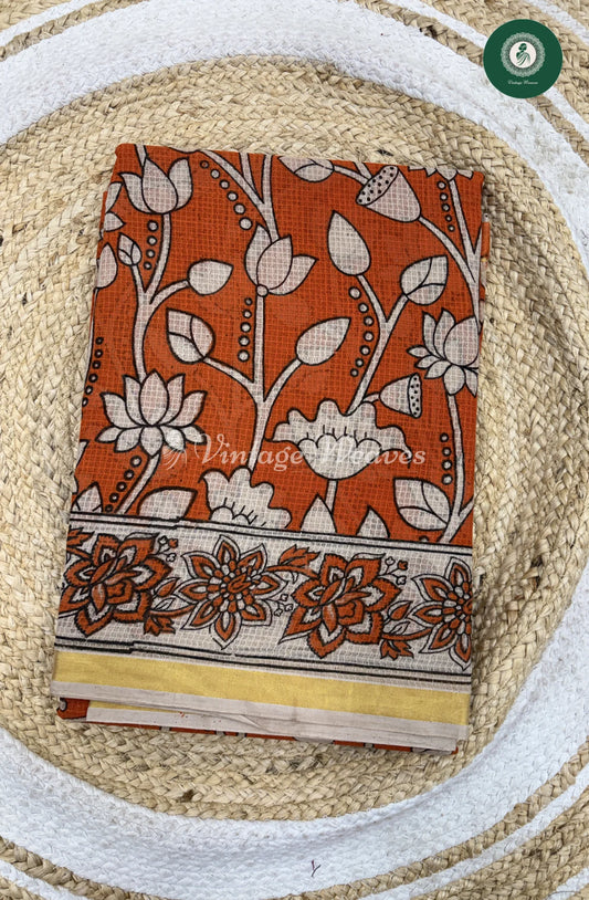 Premium Traditional Kalamkari Kota Saree Lotus-Orange