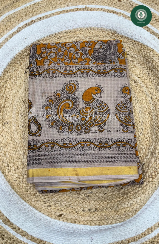 Premium Traditional Kalamkari Kota Saree Peacock-Yellow