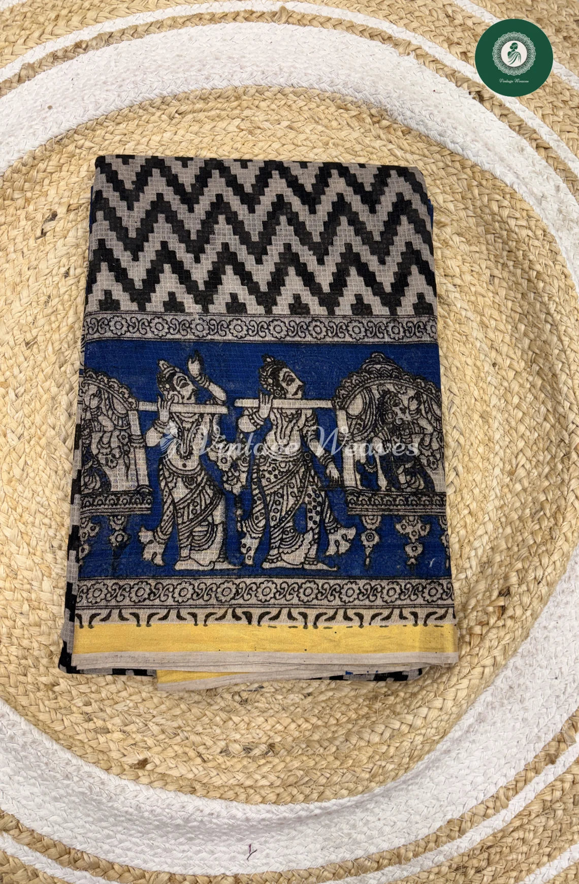Premium Traditional Kalamkari Kota Saree zigzag-Blue