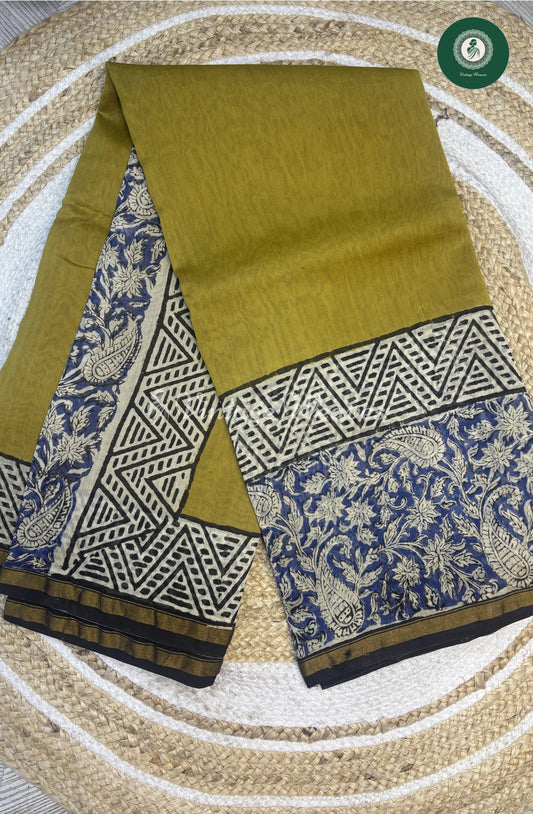 Premium Chanderi Silk Saree-GreeenishYellow1