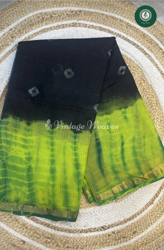 Premium Handblock Kota Cotton Saree-Black With Green1