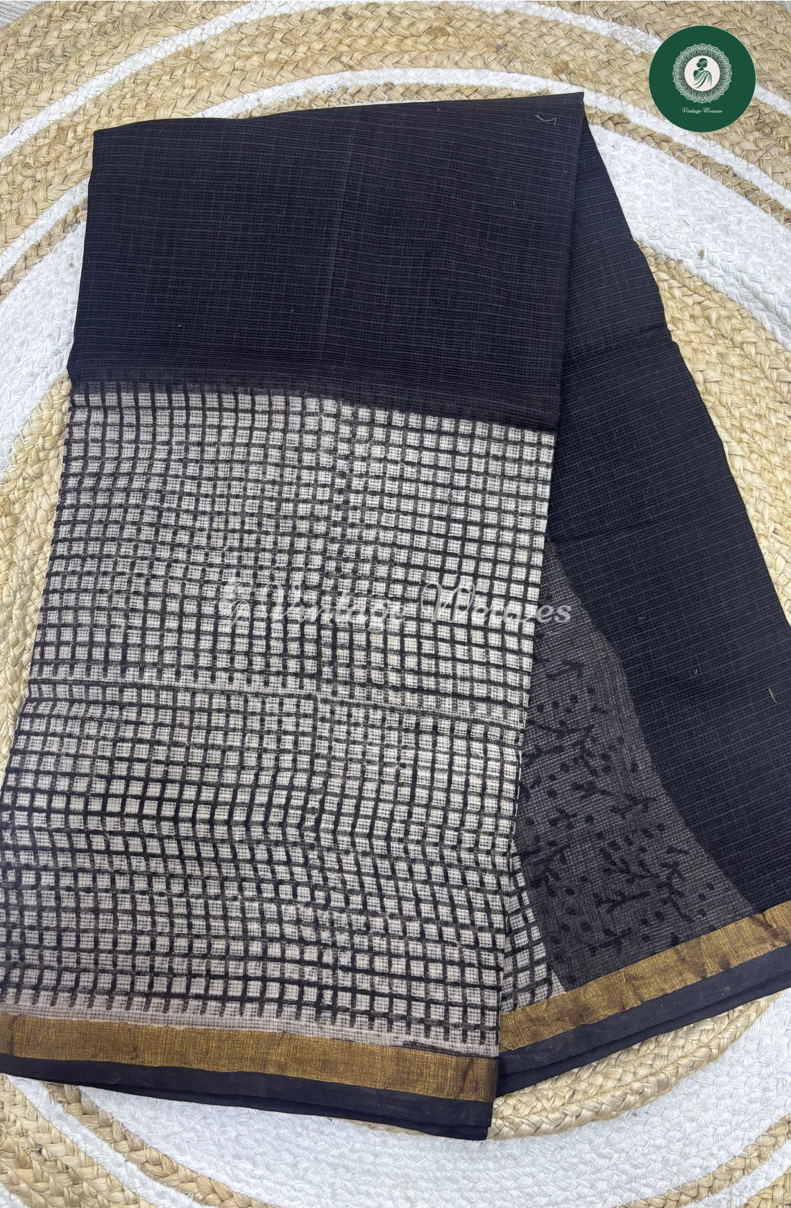 Premium Kota Cotton -Black With Checked Border