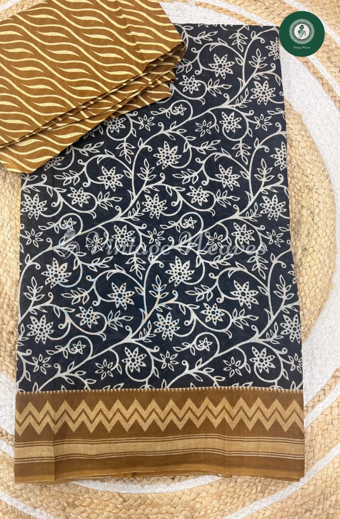 Printed Cotton Saree-Black