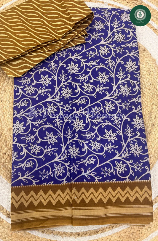 Printed Cotton Saree-Blue