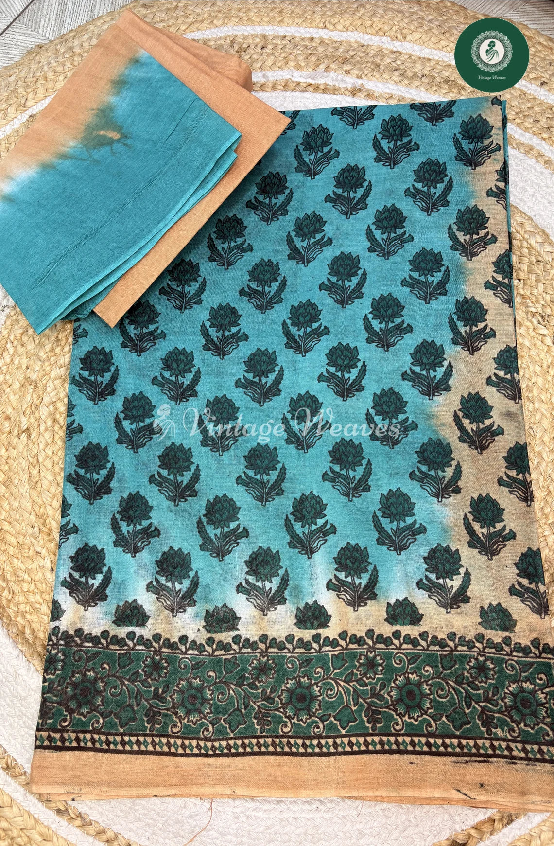 Printed Cotton Saree-Blue with Skin
