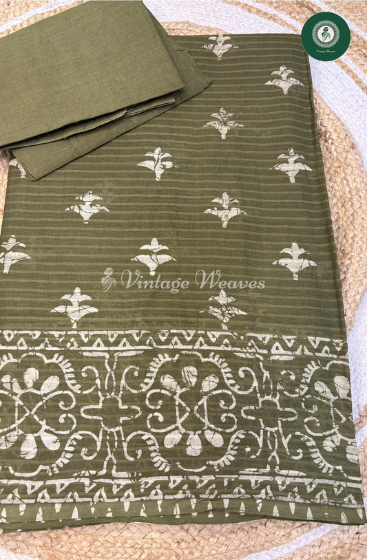 Printed Cotton Saree-Green