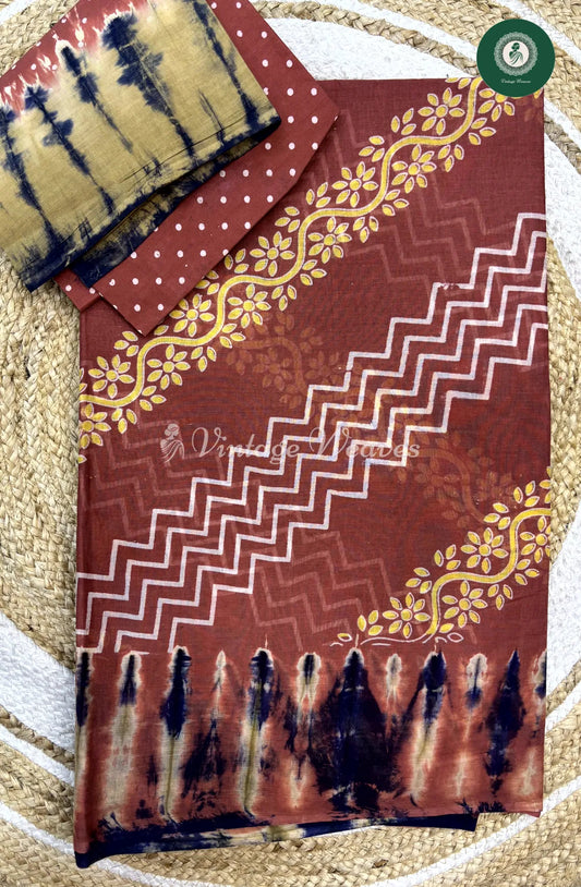 Printed Cotton Saree-Light Brown