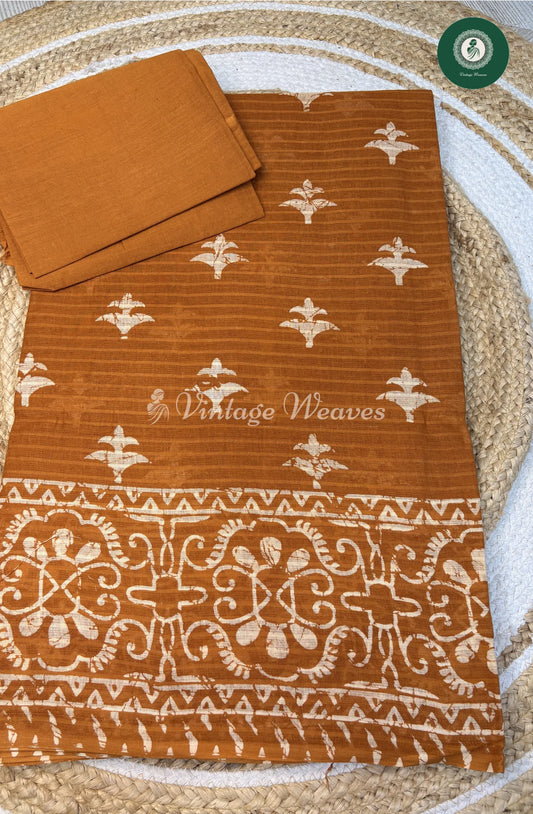 Printed Cotton Saree-Mustard