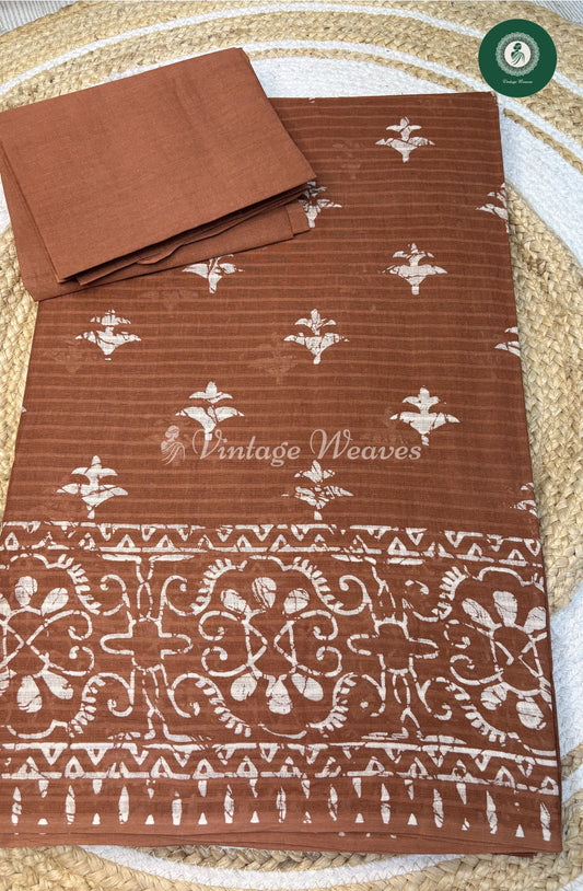 Printed Cotton Saree-Brown
