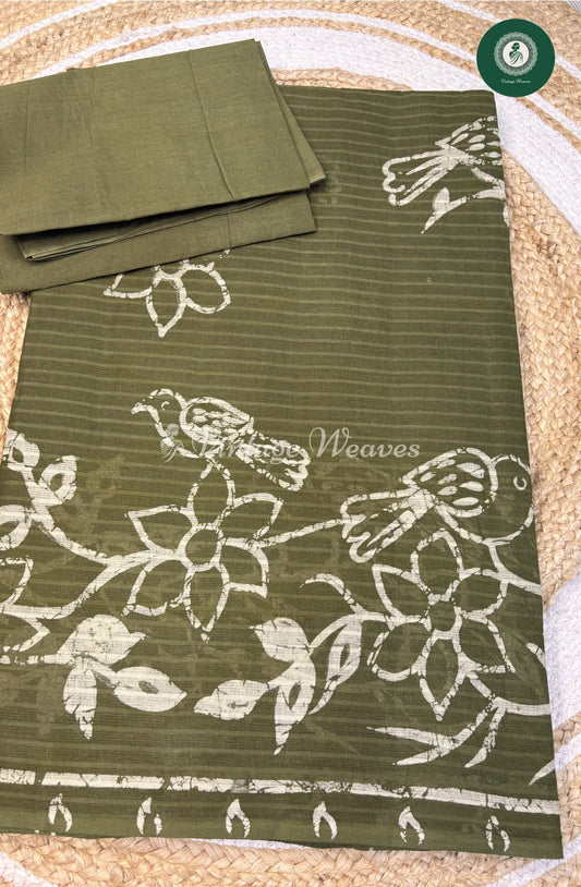 Printed Cotton Saree Bird-Green