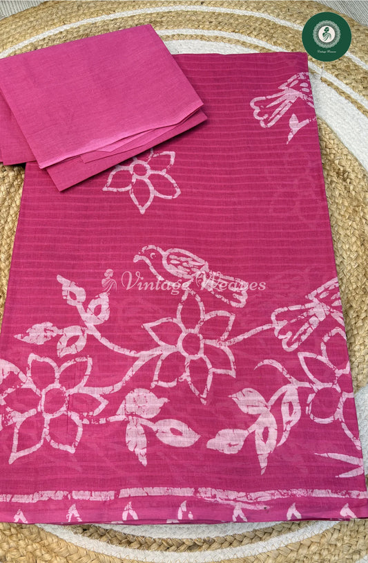 Printed Cotton Saree Bird-Pink