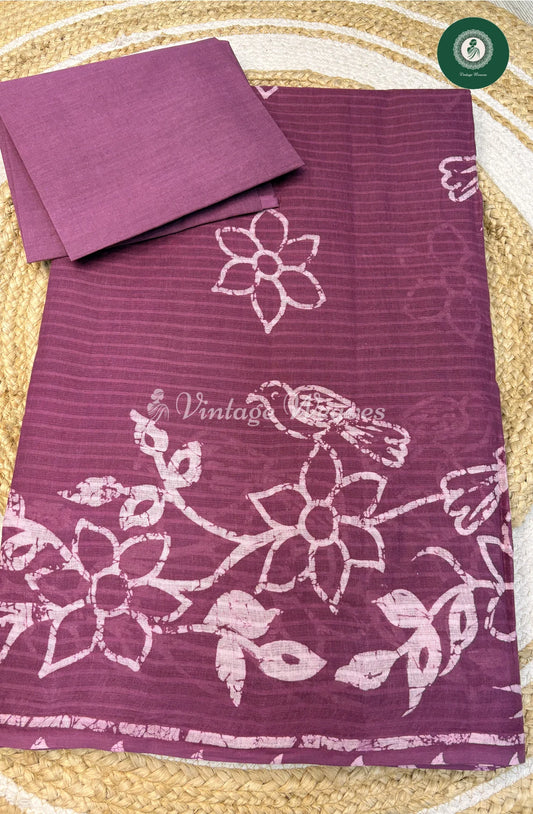 Printed Cotton Saree Bird-Purple