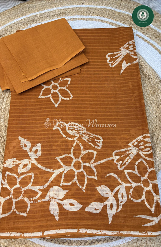 Printed Cotton Saree Bird-Brown