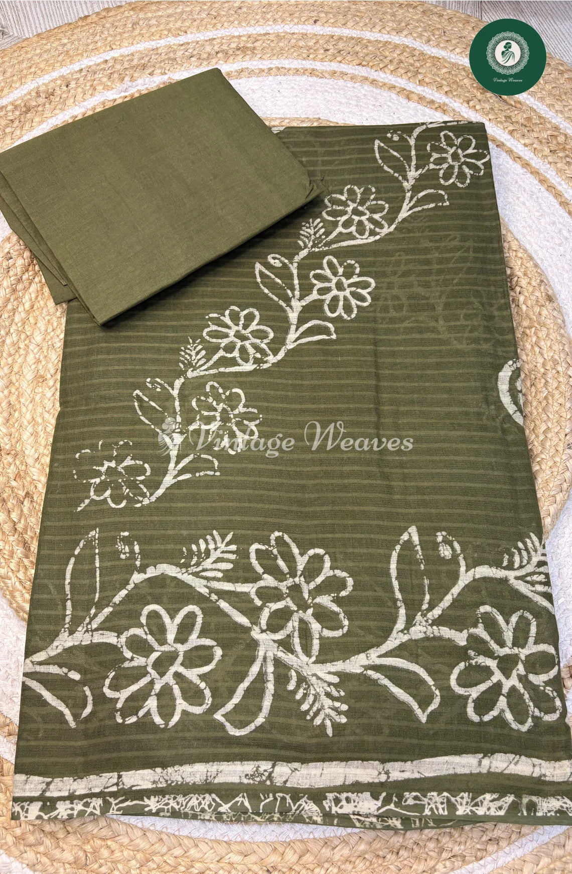 Printed Cotton Saree Flower-Green (1)