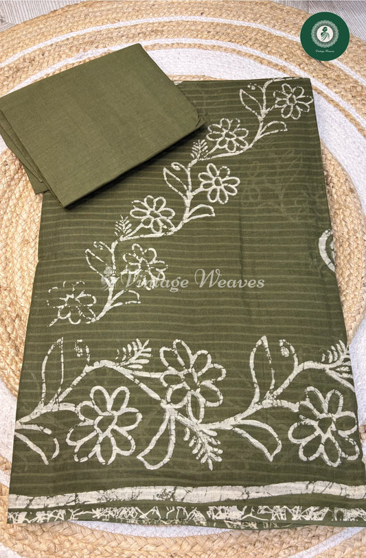 Printed Cotton Saree Flower-Green (1)