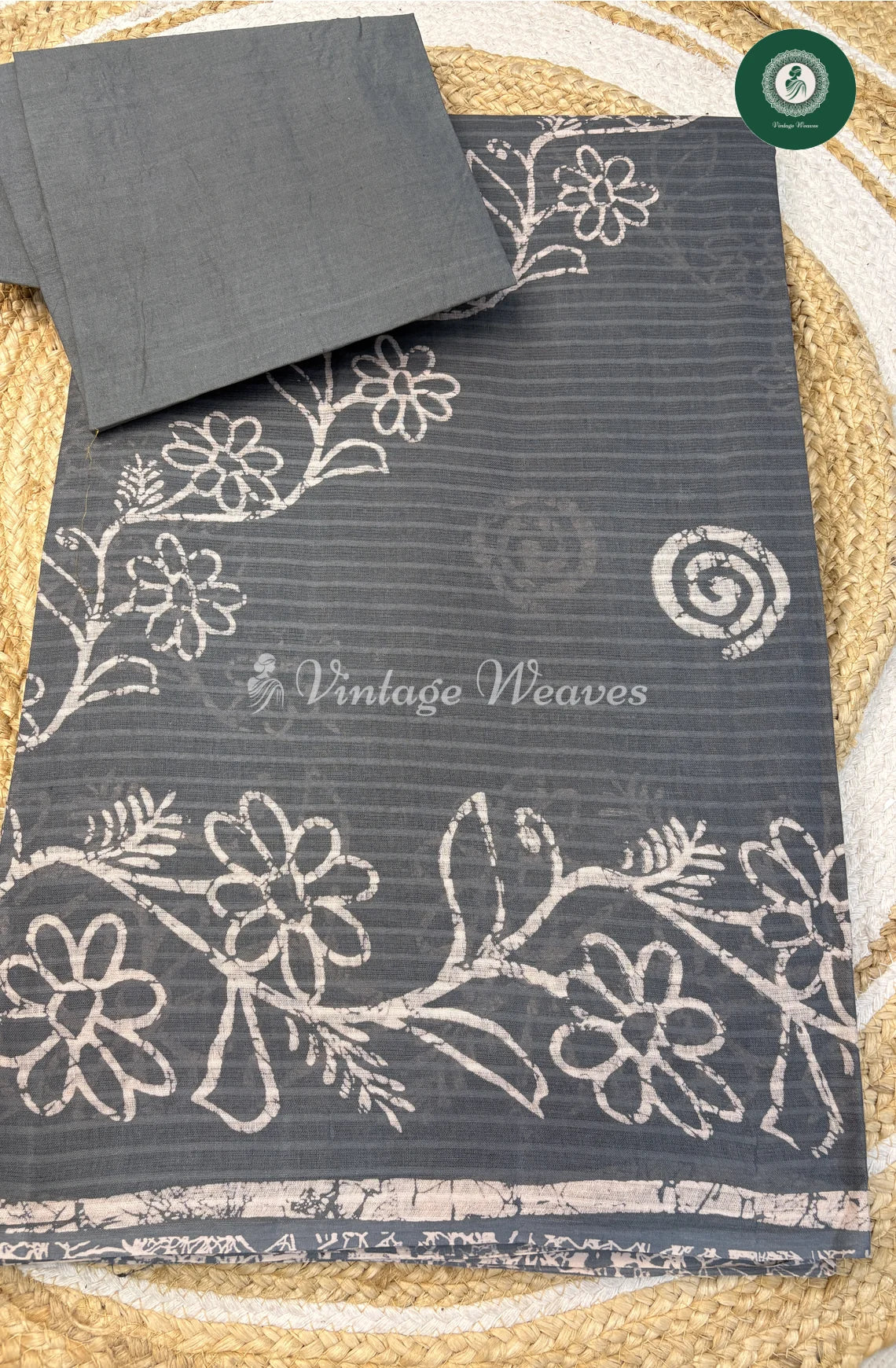 Printed Cotton Saree Flower-Grey (1)
