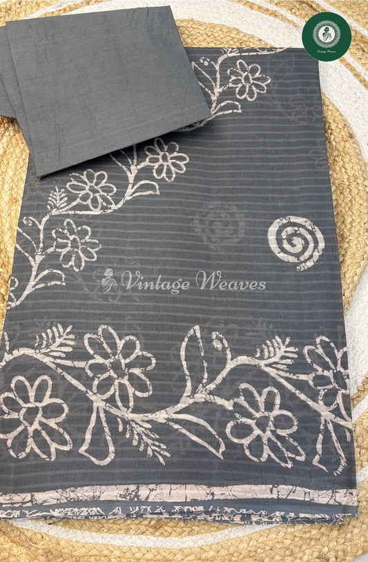Printed Cotton Saree Flower-Grey (1)