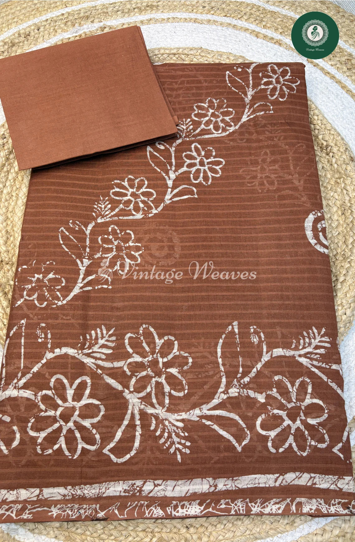 Printed Cotton Saree Flower-Brown