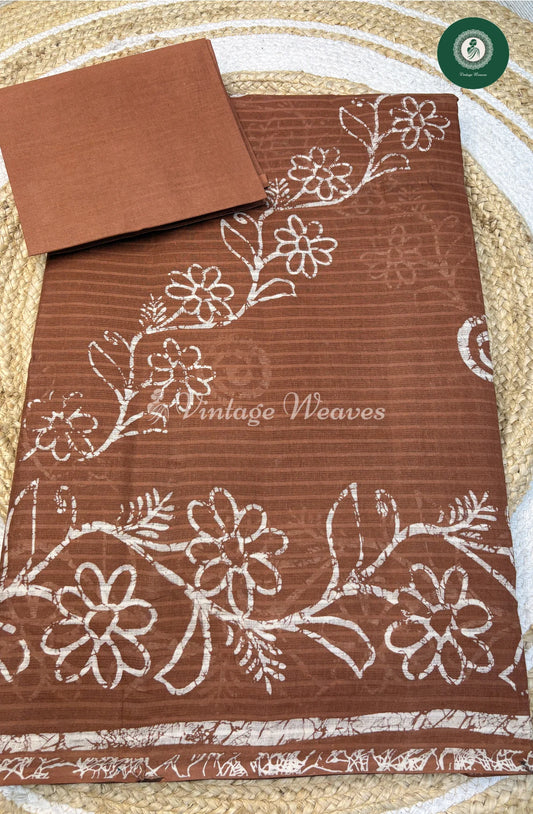 Printed Cotton Saree Flower-Brown