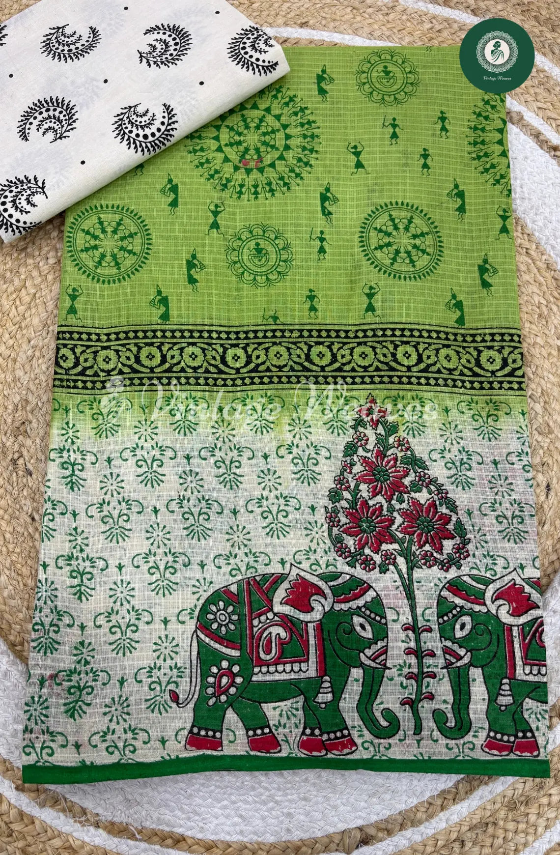 Printed Cotton Saree With Elephant Border-Green