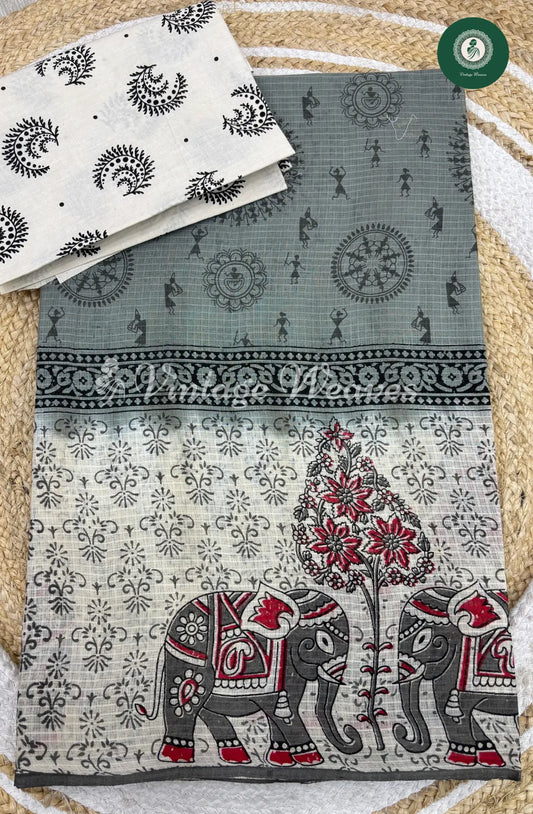 Printed Cotton Saree With Elephant Border-Grey