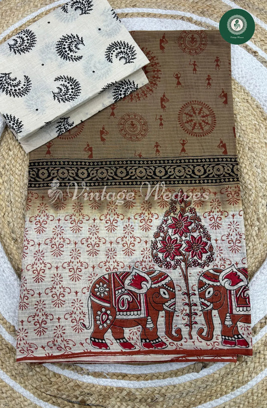 Printed Cotton Saree With Elephant Border-LightBrown