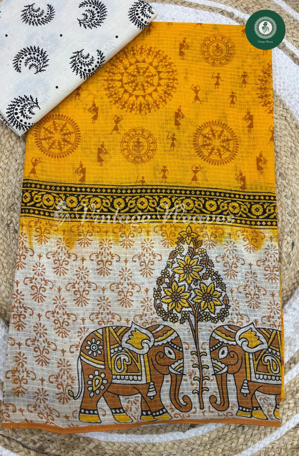 Printed Cotton Saree With Elephant Border-Yellow
