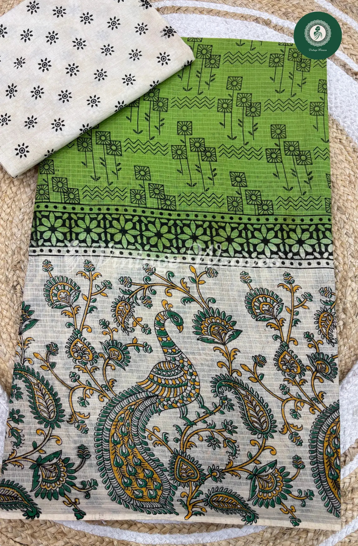 Printed Cotton Saree With Peacock Border-Green