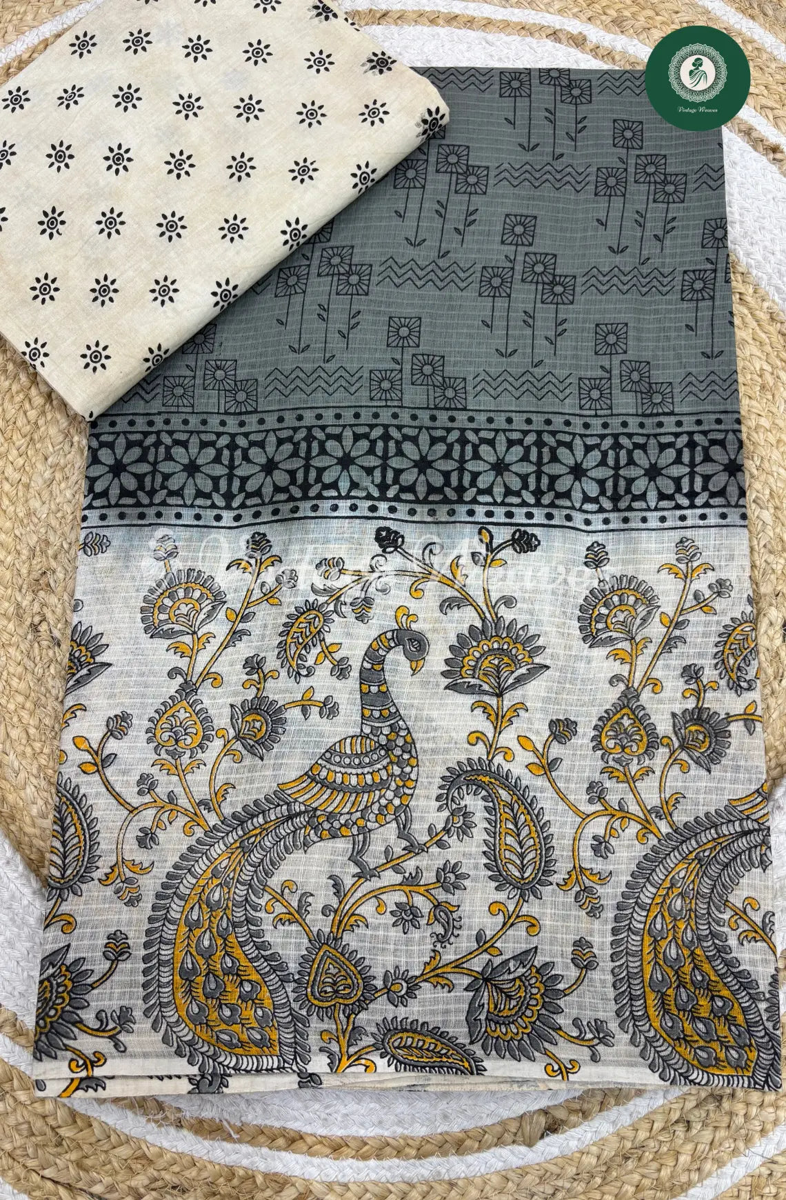 Printed Cotton Saree With Peacock Border-Grey