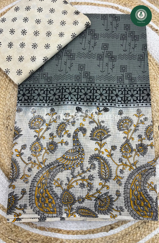 Printed Cotton Saree With Peacock Border-Grey