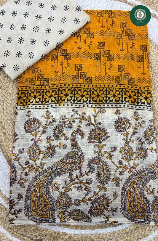 Printed Cotton Saree With Peacock Border-Yellow